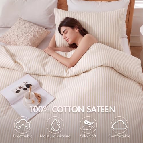 Bedbay 100% Cotton Striped Duvet Cover Set Queen Size, Beige Stripe Bedding, 300TC Cotton Sateen Duvet Cover, Soft Smooth Breathable Farmhouse Sateen Set, 3 Pieces