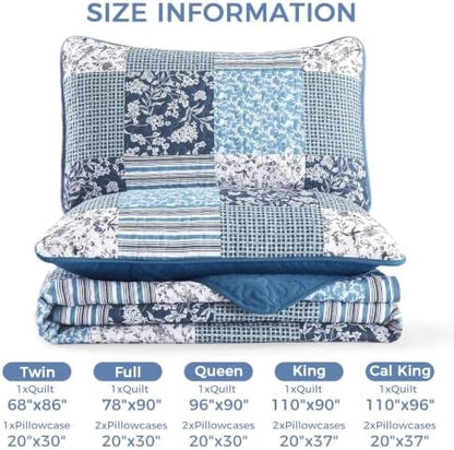 Mybedsoul Navy Blue Quilts Set Queen Size, Patchwork Floral Bedding Set