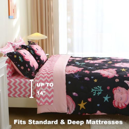 7 Piece Girls Axolotl Bedding Comforter Set for Kids Queen Size Kawaii Axolotl Bed in A Bag for Teen 3D Animals Colorful Bed Set Black