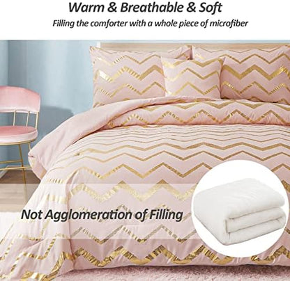 Menghomeus 4 Piece Blush Metallic Comforter Set, Queen Size Bedding Sets