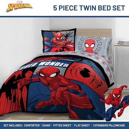 Marvel Spiderman Twin Comforter Set 5 Piece Kids Bedding for Boys, Multi