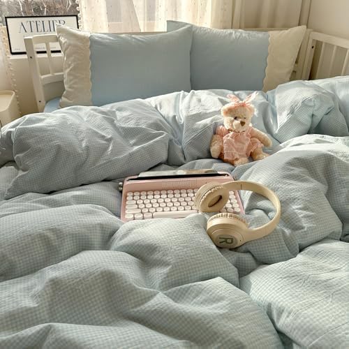 VM VOUGEMARKET Lace Duvet Cover Twin Blue Plaid Gingham Duvet Cover with 2 Romantic lace Pillowcases Soft Cozy Grid Bedding Set for College Dorm