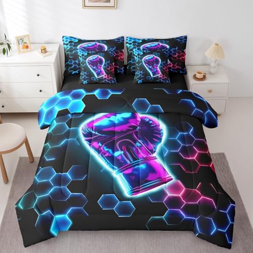 Erosebridal Boxing Gifts Comforter Sets with Sheets - 3D Glitter Gloves Bedding Set King for Boys Girls Colorful Neon Lights 7Pcs Bed in A Bag, Hexagon Honeycomb Bed Set