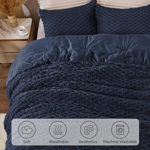 BEDELITE Fluffy King Size Comforter Set, Navy Fleece Bed Set 3 Pieces