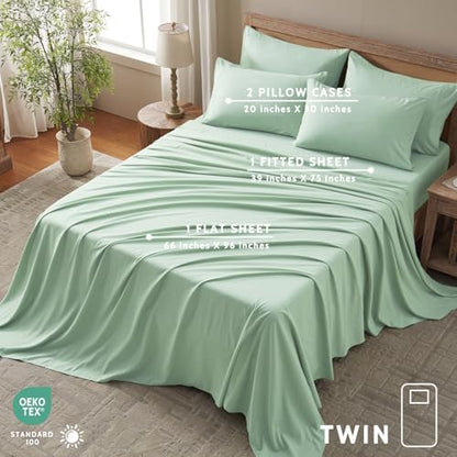 Twin Sheets Set - 4 Piece Soft Microfiber and Wrinkle Free Sheets - Easy Care, Extra Soft, Cooling Sheets - 1 Deep Pocket Fitted Sheet 1 Flat Sheet and 2 Pillowcases (Twin Sage Green)