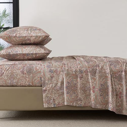 FADFAY California King Size 4-Piece Sheet Set, 100% Cotton, Deep Pocket Fitted Sheet, Soft & Breathable, Vintage Brown Paisley Pattern Bedding for All Seasons
