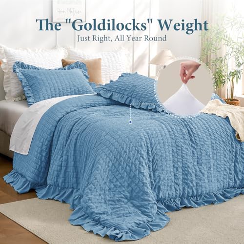 JOLLYVOGUE Twin Size Comforter Set, 2 Pieces Sea Blue Seersucker Lightweight Fluffy Bedding Set, Twin Ruffle Comforter, All Season Soft Microfiber Shabby Chic Bed Set