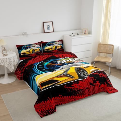 Erosebridal Kid Comforter Set - King Size,Racing Car Bedding Sets for Boys & Girls,Race Cars Quilt Bed Set with 1 Comforter 2 Pillowcases,Red Black and Yellow