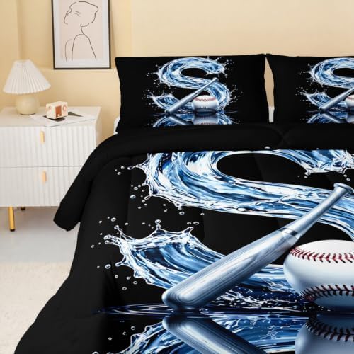 BSNTHO Baseball Queen Size, Comforter Set Black Kids Comforter 3Pcs