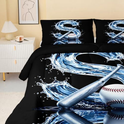 BSNTHO Baseball Comforter Set Twin Size, Black Kids Comforter 3Pcs