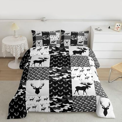 Erosebridal Deer Comforter Set for Boys, Grey Black Camo Down Comforter Boho Antlers Silhouette Bedding Set Kids Teens Camouflage Grunge Arrows Pattern Duvet Sets with 2 Pillow Cases, Queen Size
