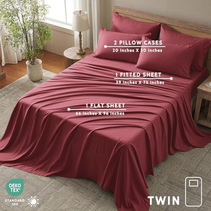 Twin Sheets Set - 4 Piece Soft Microfiber and Wrinkle Free Sheets - Easy Care, Extra Soft, Cooling Sheets - 1 Deep Pocket Fitted Sheet 1 Flat Sheet and 2 Pillowcases (Twin Burgundy)
