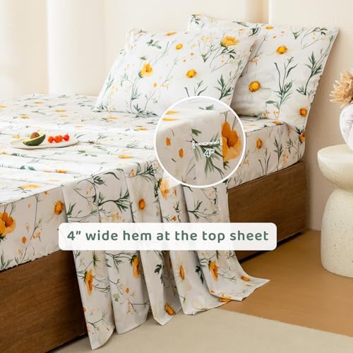 QSH 4PCs Green Floral Sheets Queen Size,100% Egyptian Cotton Sheets Queen Size Yellow Platycodon Flowers Botanical Pattern Printed Bed Sheet Extra Soft and Breathable 17.5" Deep Pockets Bedding Sheet