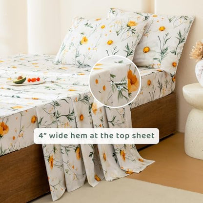 QSH 4PCs Green Floral Sheets Queen Size,100% Egyptian Cotton Sheets Queen Size Yellow Platycodon Flowers Botanical Pattern Printed Bed Sheet Extra Soft and Breathable 17.5" Deep Pockets Bedding Sheet