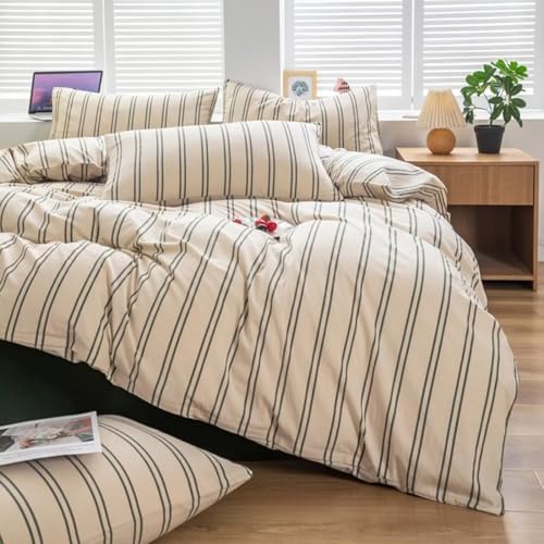 Mucalis Beige Duvet Cover Queen Size with Green Striped 100% Washed Cotton Duvet Cover Set Full Vintage 3 Piece Stripes Pattern Bedding Set with Zipper Closure Corner Ties,Durable,Breathable,Easy care