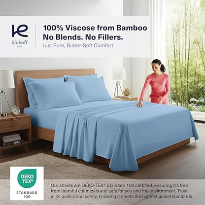 Kickoff Viscose Bamboo Sheets California King Size 4-pc 100% Organic Bamboo Viscose Bed Cooling Sheets Cal King Set Cool Bedding for hot Sleepers Sheet Set - Gift Ready Packaging (Light Blue, CK)