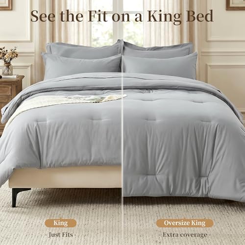 California King Size Comforter Set 7 Pieces - Soft Bed in a Bag King Bed Set, Cozy Luxury Bedding Sets with All Season Comforter, Flat Sheet, Fitted Sheet, 2 Pillowcases & 2 Shams, Light Gray