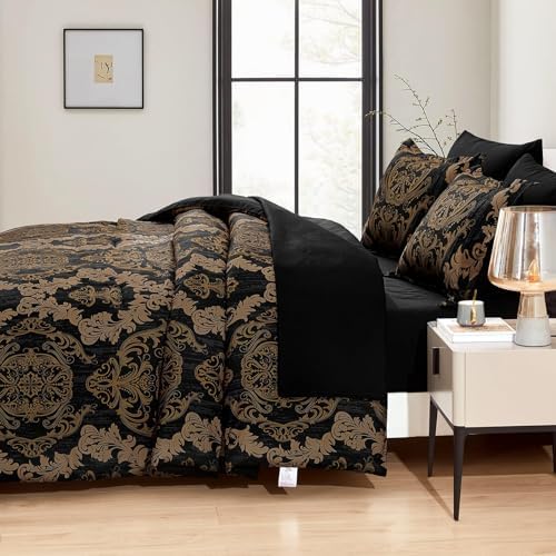 WONGS BEDDING Black Comforter Set California King Size, Gold Damask 7 Pieces Bed in a Bag Microfiber Comforter Bedding Sets -1 Comforter, 1 Flat Sheet, 1 Fitted Sheet, 2 Pillow Shams, 2 Pillowcases