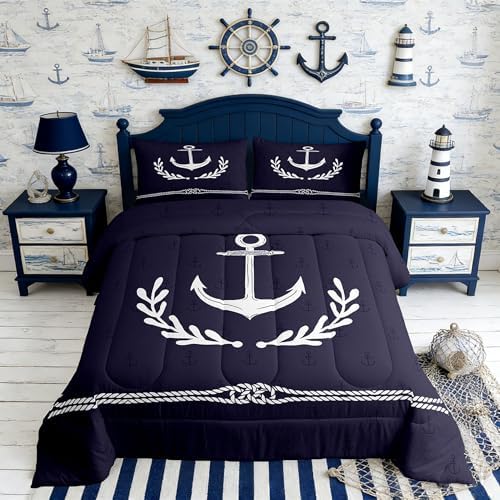 Anchor Comforter Set Full Size,White Geometric Abstract Rope Palm Leaf Bedding Set 3pcs for Kids Boys Adult Room Decor,Nautical Themed Quilt Set Navy Blue Modern Duvet Insert,2 Pillowcases