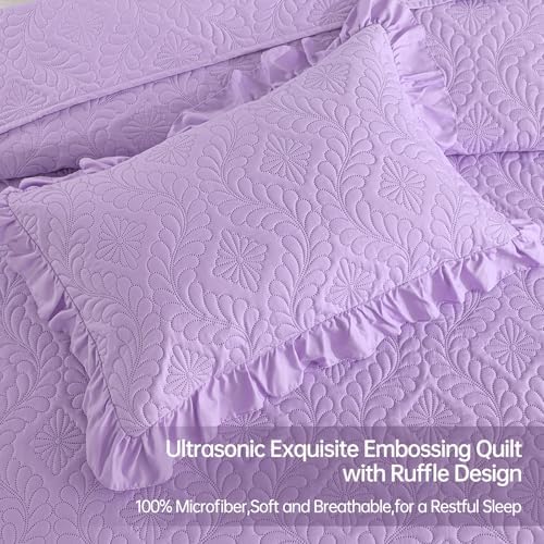 DJY Purple Quilt Set Twin Size Dorm Bedding, Ruffled Bedspreads