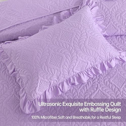 DJY Purple Quilt Set Twin Size Dorm Bedding, Ruffled Bedspreads