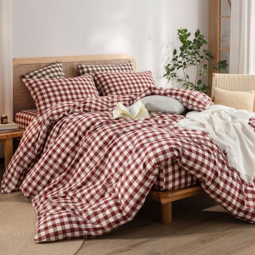 BESTOUCH Gingham Cotton Duvet Cover Set Fired Brick Red Queen
