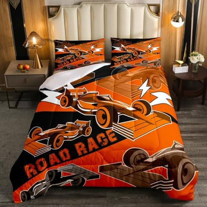 Erosebridal Race Car Comforter Sets for Boys Queen Race Cars Bedding Set,Cool Sports Car Bedroom Set for Boys Girls Kids Racing Car Bed Set,Black Orange Gamer Bedding Sets Car Room Decor 3Pcs