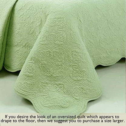 Cozy Line Home Fashions 100% Cotton Medallion Matelasse Embossed Bedding Quilt Set, Reversible Lightweight Bedspread, Coverlet for All Season (Blantyre - Green, King - 3 piece)