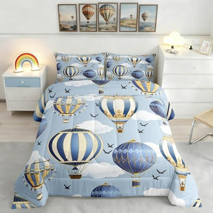 Hot Air Balloon Comforter Set Twin Size,Sky Bird Bedding Sets 2pcs for Kids Boys Girls Teens Room Cover,Adventure Games Themed Duvet Insert Sets Romantic Blue Quilted Duvet Set with 1 Pillowcase