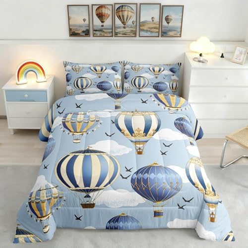 Hot Air Balloon Comforter Set King Size,Sky Bird Bedding Sets 3pcs for Kids Boys Girls Teens Room Cover,Adventure Games Themed Duvet Insert Sets Romantic Blue Quilted Duvet Set with 2 Pillowcases