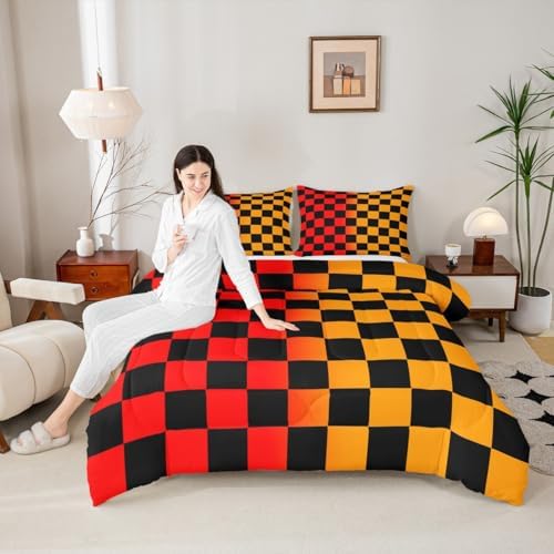 Checkered Retro Bedding Set for Boys Girls Geometric Vintage Comforter Set Toddler Size Red Yellow Duvet Quilt Modern Groovy Aesthetic Bedroom Decor 2 Pcs with 1 Pillow Cases