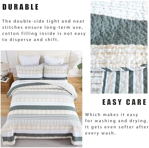Homzard Quilts Queen Size - Cotton Queen Size Comforter Sets,Beige Grey Cotton Bedding,Striped Plaid Comforter Bedspread (90 * 98 Inches),3 Piece