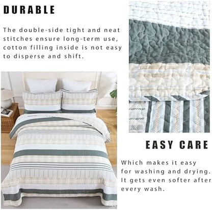 Homzard Quilts Queen Size - Cotton Queen Size Comforter Sets,Beige Grey Cotton Bedding,Striped Plaid Comforter Bedspread (90 * 98 Inches),3 Piece