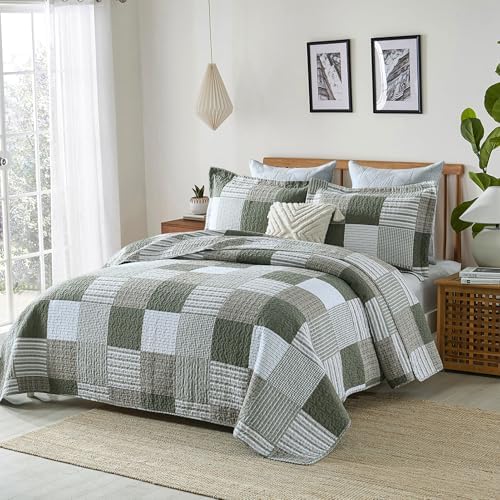 Y-PLWOMEN 100% Cotton King Size Quilt Farmhouse Plaid 3-Pieces Bedding