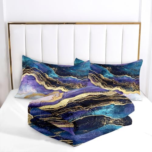CCoutueChen Marble Bedding Sets Queen, Blue and Purple Watercolor Comforter with Morden Aesthetic Pattern, 3 Pcs Warm Microfiber Bed Set with 2 Pillowcases, 90"x90"