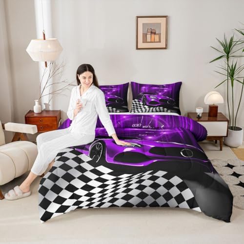 Erosebridal Purple Race Car Comforter Set for Teenage Boys,Glitter Ombre Line Art Bedding Set Neon Light Sports Car Dashboard Quilt Twin,Black and White Grid Lattice Buffalo Plaid Decor