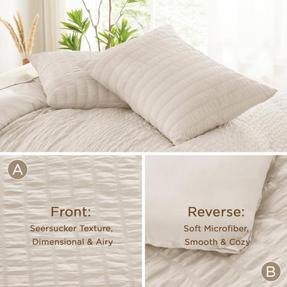 AveLom Seersucker Oversized King Comforter Set Beige (120x98 in), 3 Pieces 100% Soft Washed Microfiber Lightweight Comforter with 2 Pillowcases, All Season Down Alternative Comforter Set for King Bed