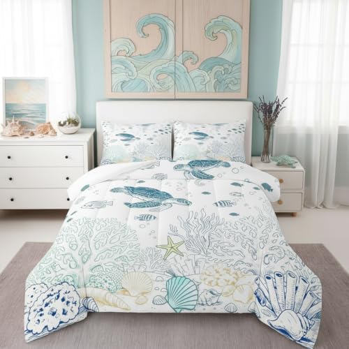 Castle Fairy Sea Turtle Comforter Set Full Size Ocean Coral Shell Starfish Bedding Set 3pcs,Sealife for Kids Boys Girls Room Decor,Blue Sketch Line Piece All Season with 2 Pillowcases