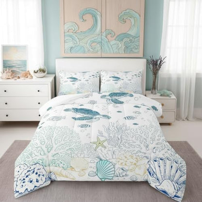 Castle Fairy Sea Turtle Comforter Set Full Size Ocean Coral Shell Starfish Bedding Set 3pcs,Sealife for Kids Boys Girls Room Decor,Blue Sketch Line Piece All Season with 2 Pillowcases