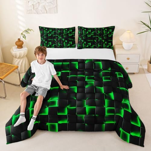 Erosebridal Neon Black Green Boys Comforter Set Twin Size Geometric Checkered Bedding Set for Kids Teen Men Gaming Room Decor,Abstract Ombre Plaid Comforter Grids Quilt Duvet