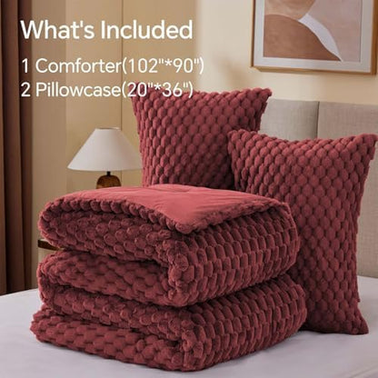BEDELITE Fluffy King Size Comforter Set, Burgundy Fleece Bed Set 3 Pieces