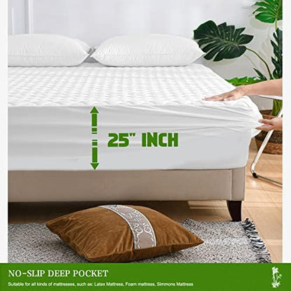 UNILIBRA Queen Mattress Pad Waterproof Rayon Made from Bamboo, Fitted Deep Pocket Mattress Cover fits 6''-25'', Breathable Quilted Mattress Protector, White
