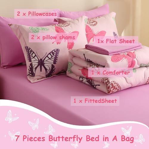 Pink Girls Butterfly Bedding Comforter Set Twin Size 7 Piece Glow in The Dark Butterfly Comforter with Sheets & Pillowcases Soft Microfiber Bed in A Bag for Kids Teens All Season