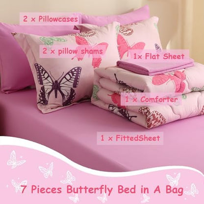 Pink Girls Butterfly Bedding Comforter Set Twin Size 7 Piece Glow in The Dark Butterfly Comforter with Sheets & Pillowcases Soft Microfiber Bed in A Bag for Kids Teens All Season
