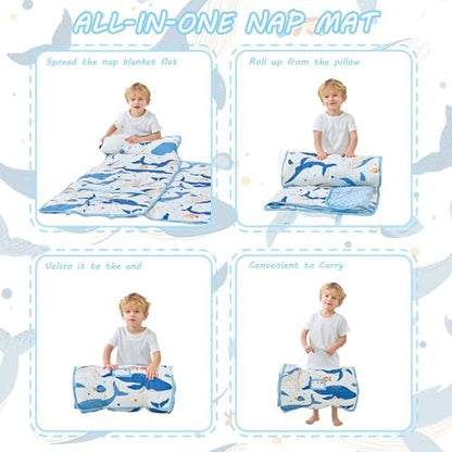 Lasoftan Toddler Nap Mat with Pillow and Blanket, Extra Large Rolled Napping Mats,Slumber Bags for Boys Girls,Kids Sleeping Bag for Daycare, Preschool Travel Camping