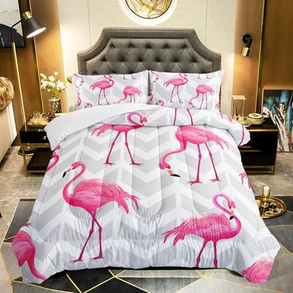 Flamingo Comforter Set - Full Size Tropical Geometric Stripe Bedding Set with 1 Comforter and 2 Pillowcases