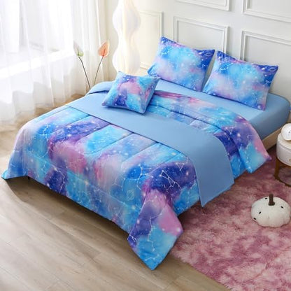 JQinHome Full Gradient Galaxy Comforter Set for Girls,6 Piece Bed in A Bag 3D Colorful Tie Dye Constellation Print Ombre Bedding Set with Sheets(Blue)
