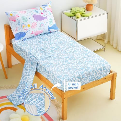 Mooreeke Toddler Bedding Sets for Girls,4 Pieces Blue Ocean Animals Printed