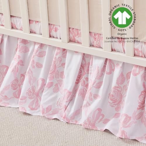 Brandream Organic Cotton Crib Skirt Dust Ruffle, Baby Girl Crib Bed Skirt, 4-Sided, Luxury French Vintage Pink Rose Floral & Bow Cottagecore Toddler Bedskirt Farmhouse Chic Nursery Bedding Skirt