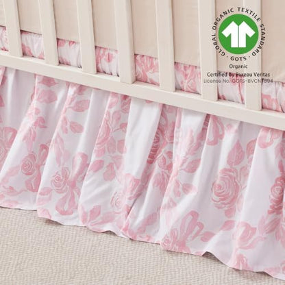 Brandream Organic Cotton Crib Skirt Dust Ruffle, Baby Girl Crib Bed Skirt, 4-Sided, Luxury French Vintage Pink Rose Floral & Bow Cottagecore Toddler Bedskirt Farmhouse Chic Nursery Bedding Skirt